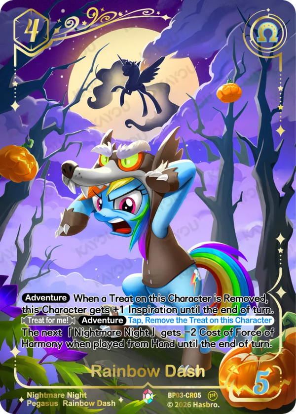 Rainbow Dash Colorful Rare card, My Little Pony TCG Nightmare Night BP03-CR05, in a wolf costume in a moonlit forest