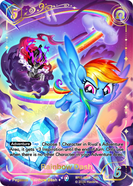 Rainbow Dash Colorful Rare card, My Little Pony TCG Nightmare Night BP03-CR11, racing along a rainbow to face King Sombra above the Crystal Heart
