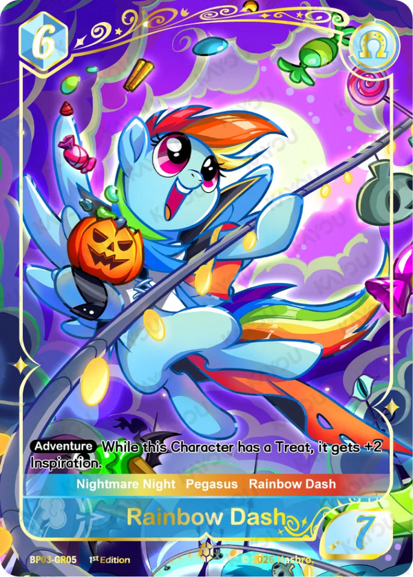 Rainbow Dash Gold Rare card, My Little Pony TCG Nightmare Night BP03-GR05, riding a broomstick with a jack-o'-lantern under a full moon