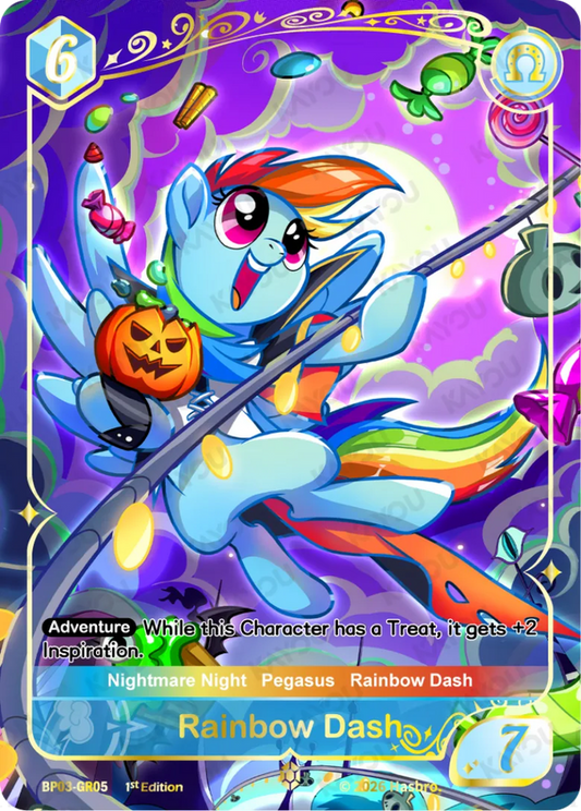Rainbow Dash Gold Rare card, My Little Pony TCG Nightmare Night BP03-GR05, riding a broomstick with a jack-o'-lantern under a full moon