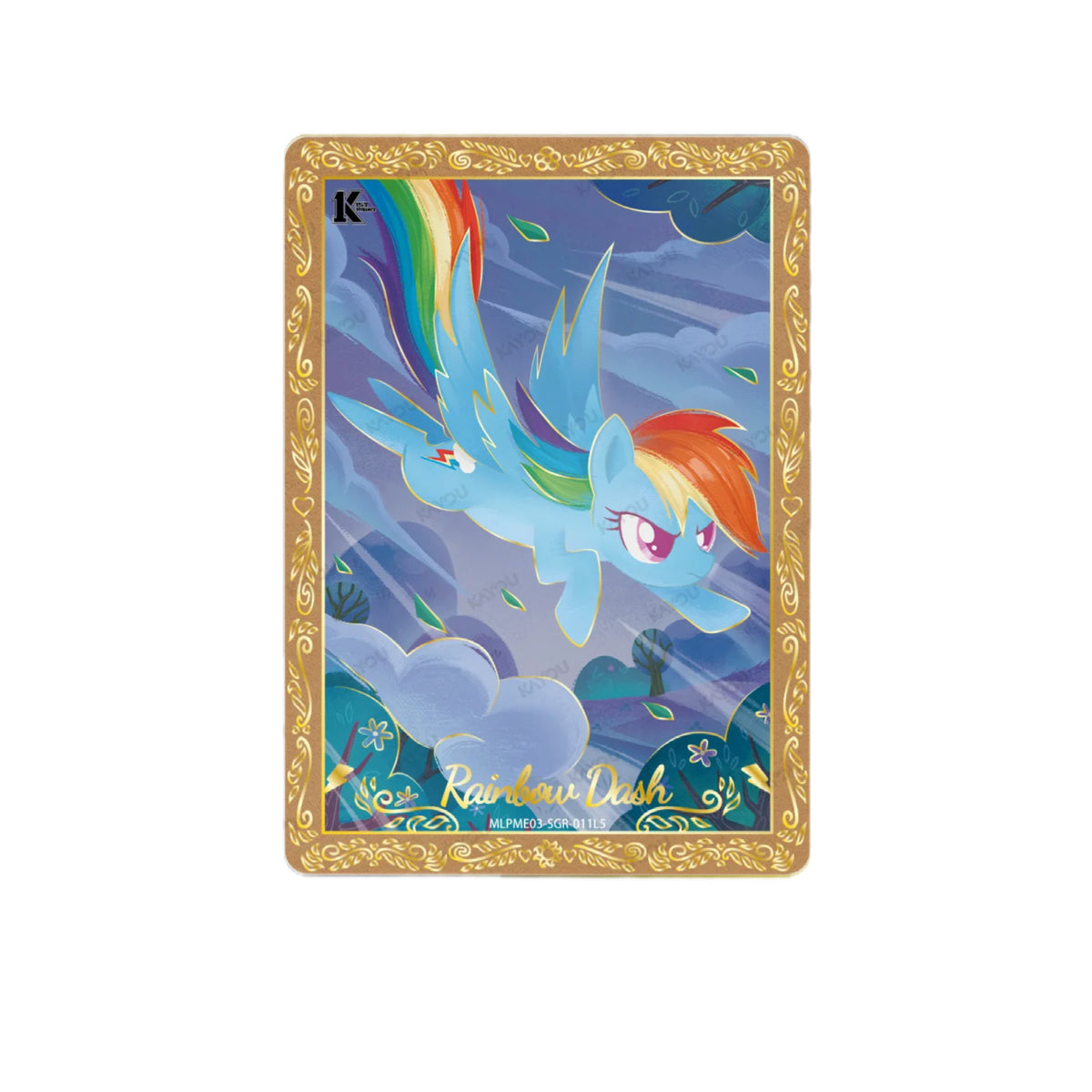 My Little Pony Kayou Rainbow Dash SGR card MLPME03-SGR-011L5 – Rainbow Dash flying through cloudy skies in a gold foil border