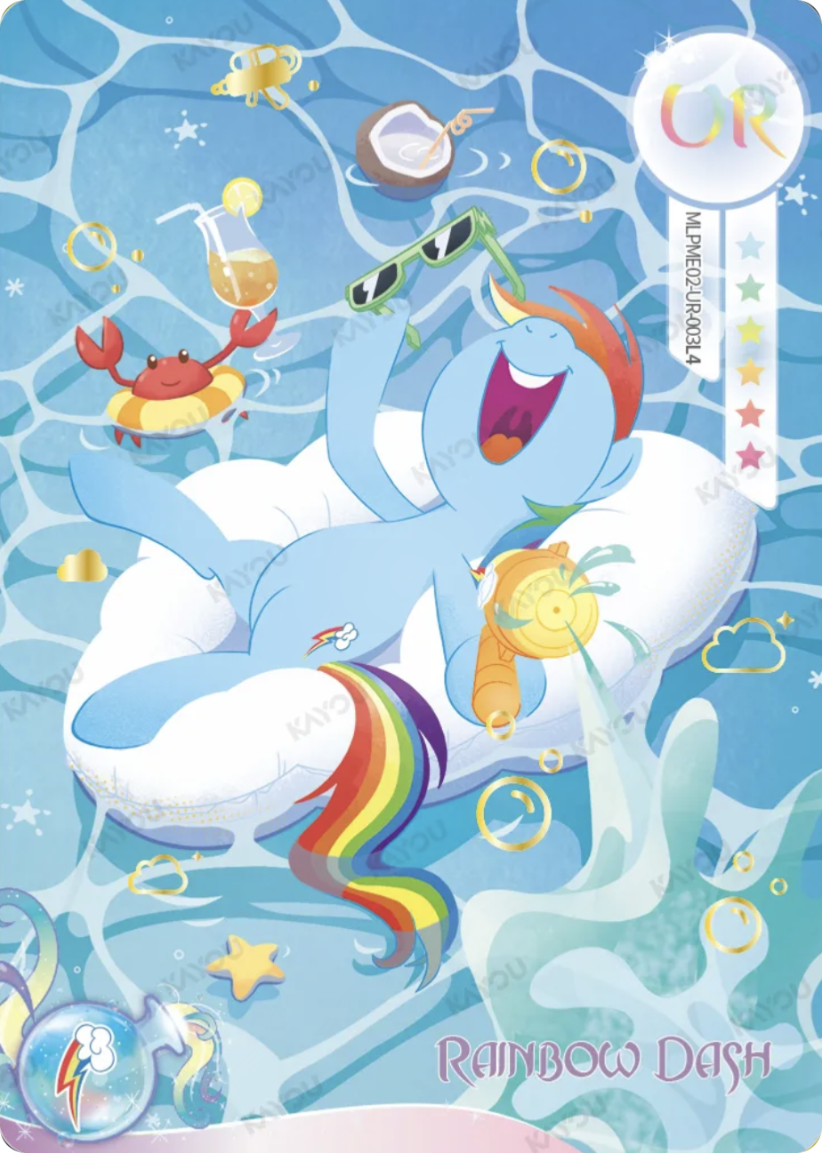Rainbow Dash UR card MLPME02-UR-003L4, My Little Pony Kayou single: Rainbow Dash laughing on a cloud pool float with sunglasses and a water pistol
