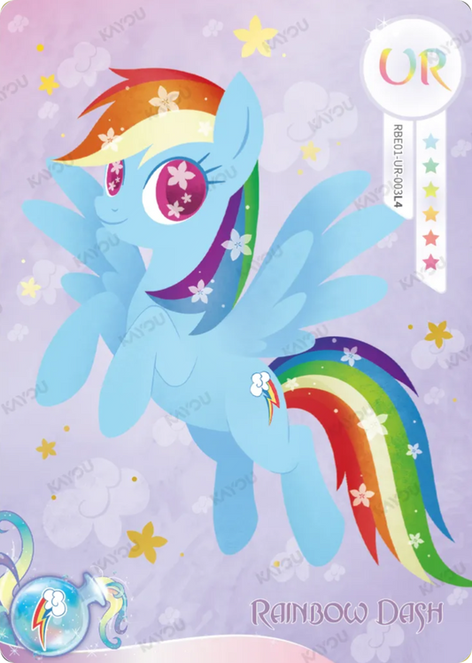 Rainbow Dash UR card RBE01-UR-003L4, My Little Pony Kayou single: Rainbow Dash flying with flower-patterned eyes and rainbow mane on a lilac sky