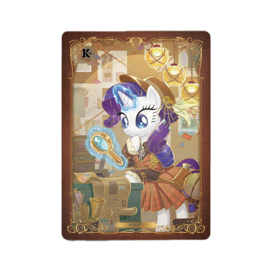 My Little Pony Kayou Rarity SGR card MLPME03-SGR-004L5 – detective Rarity with a golden magnifying glass in a gold ornate frame