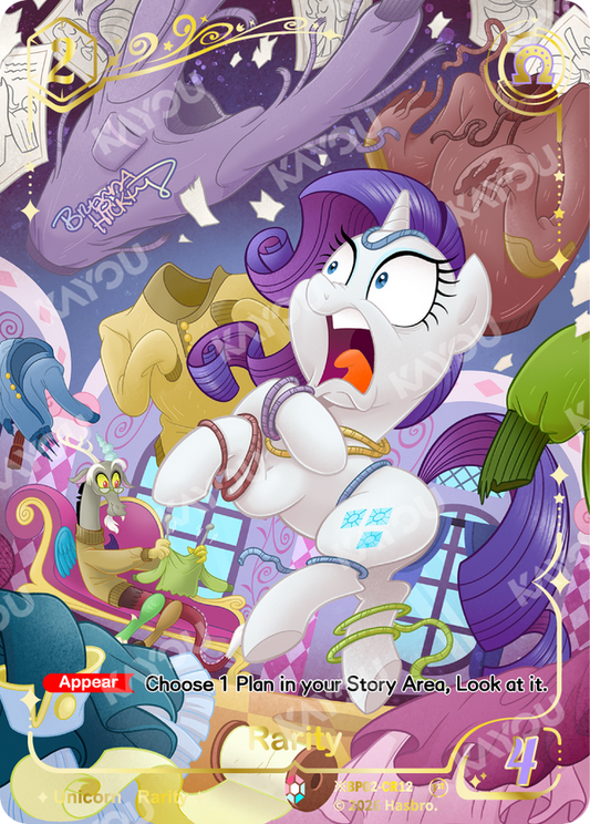 Rarity Shining Colorful Rare signed card, My Little Pony TCG BP02-CR12, with Discord and her outfits come to life