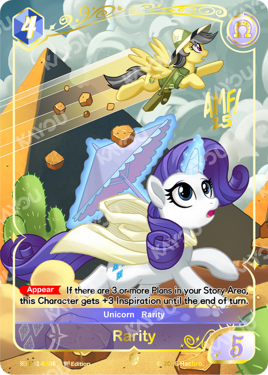 Rarity Shining Gold Rare signed card, My Little Pony TCG BP02-GR06, with a magic parasol and Daring Do in the desert