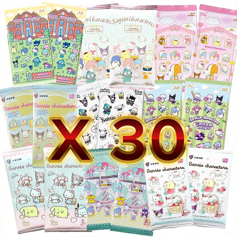 Sanrio booster pack bundle of 30 mixed packs from Kayou, KAMAM, Vancards and Kabao featuring Hello Kitty, Kuromi and friends