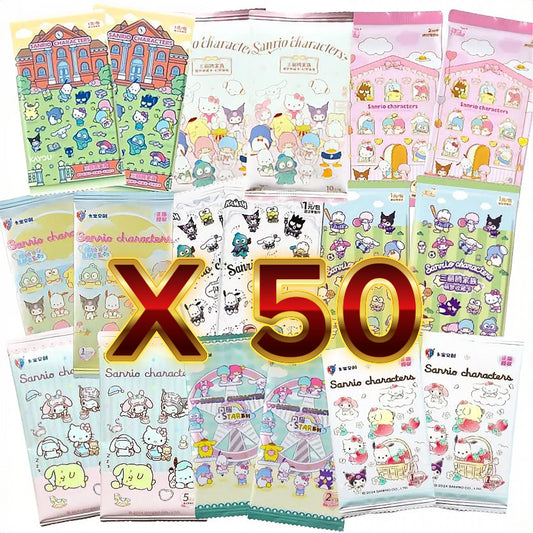 Sanrio booster pack bundle of 50 mixed packs from Kayou, KAMAM, Vancards and Kabao featuring Hello Kitty, Kuromi and friends