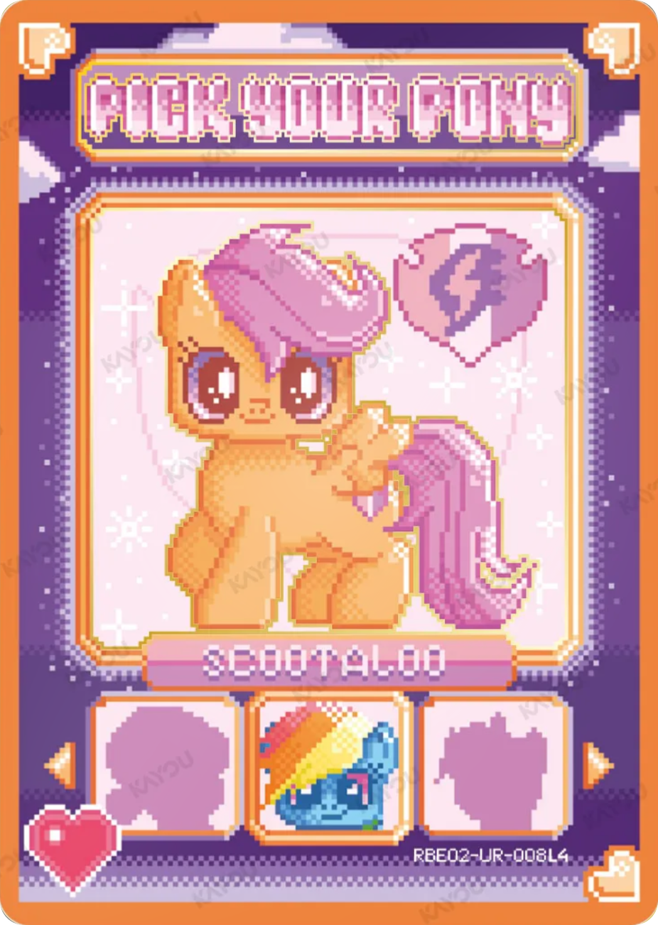 Scootaloo UR card RBE02-UR-008L4, My Little Pony Kayou single: Scootaloo on a pixel-art Pick Your Pony character-select screen with a Rainbow Dash portrait