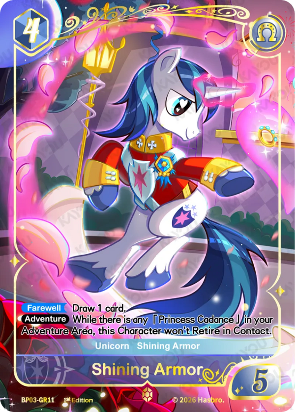 Shining Armor Gold Rare card, My Little Pony TCG BP03-GR11, in royal guard uniform casting pink shield magic
