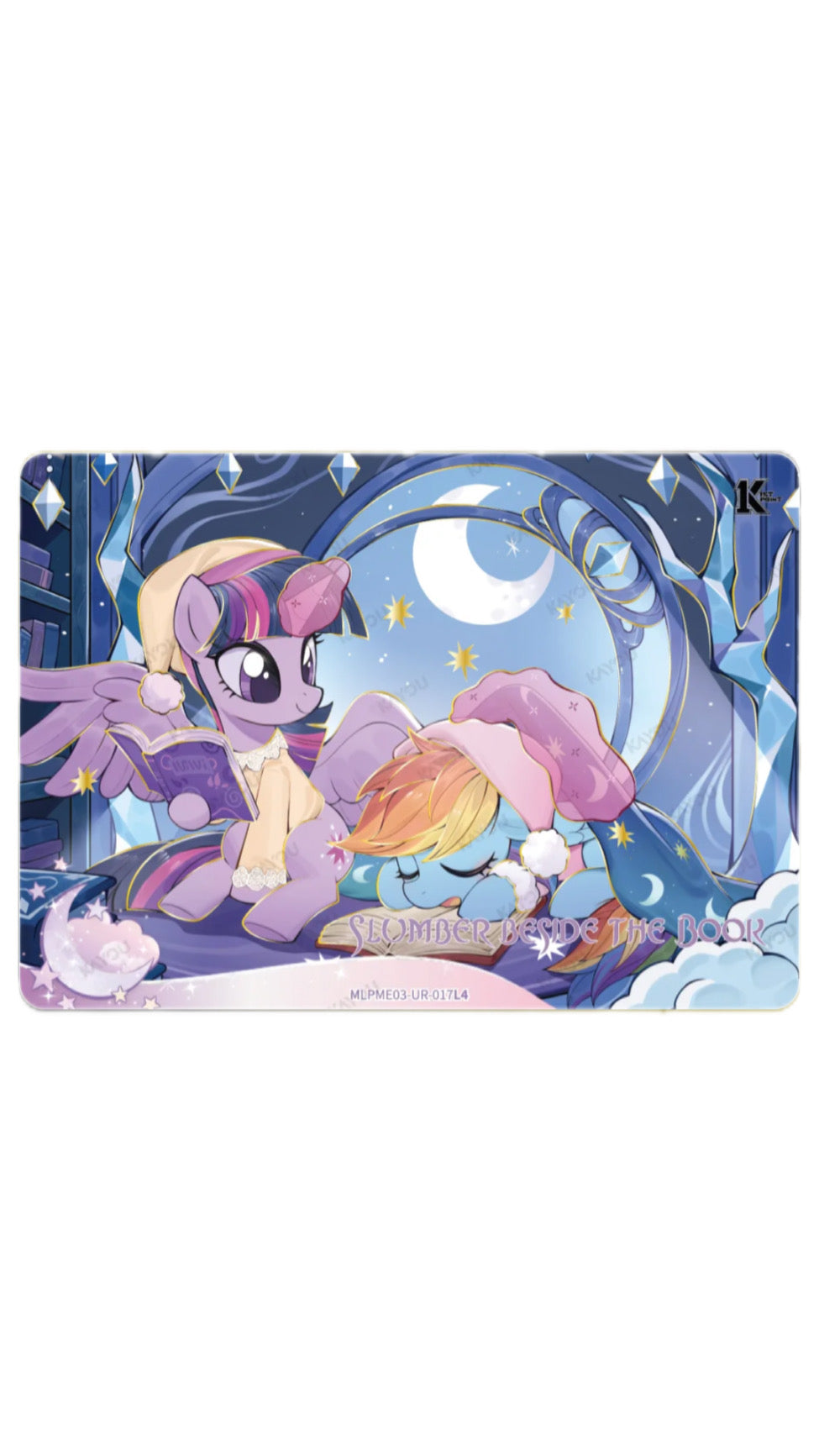 My Little Pony Kayou Slumber Beside the Book UR card MLPME03-UR-017L4 – Twilight Sparkle reading while Rainbow Dash sleeps under a crescent moon