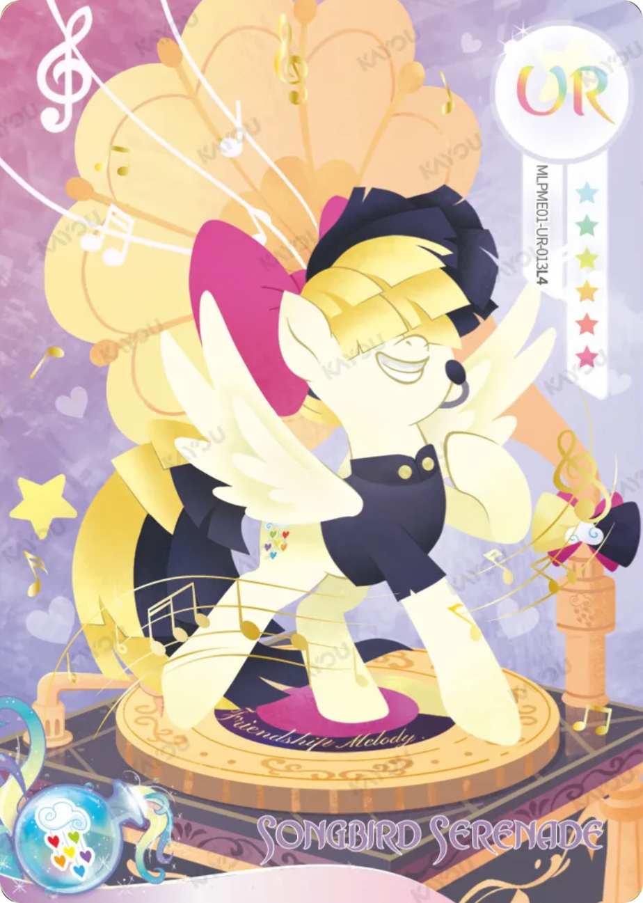 Songbird Serenade UR card MLPME01-UR-013L4, My Little Pony Kayou single: Songbird Serenade singing on a golden music box turntable with a gramophone and notes