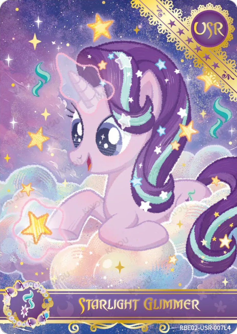 Starlight Glimmer USR card RBE02-USR-007L4, My Little Pony Kayou single: crayon-textured Starlight Glimmer on pastel clouds lifting a gold star, gold lace corner