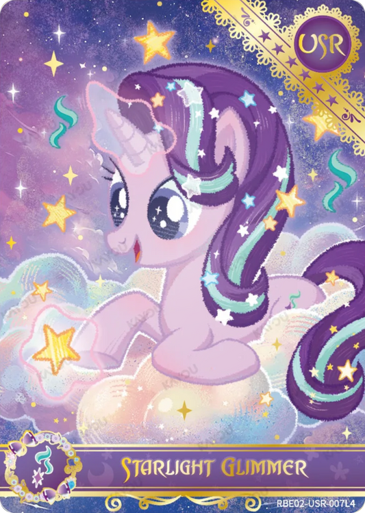 Starlight Glimmer USR card RBE02-USR-007L4, My Little Pony Kayou single: crayon-textured Starlight Glimmer on pastel clouds lifting a gold star, gold lace corner