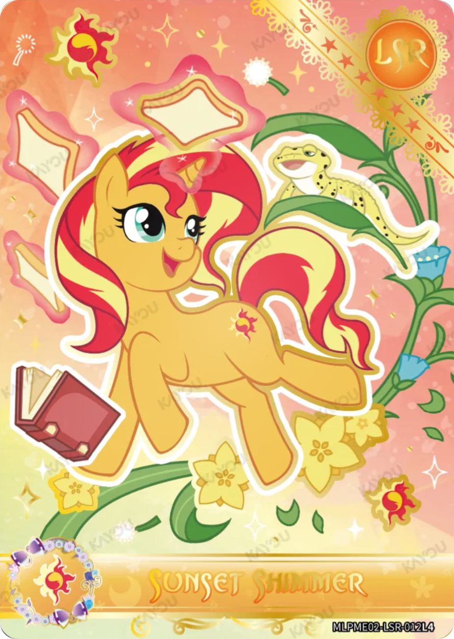 Sunset Shimmer LSR card MLPME02-LSR-012L4, My Little Pony Kayou single: Sunset Shimmer levitating toast and a book among flowers with Ray the gecko, gold lace corner