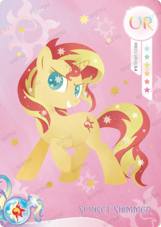 Sunset Shimmer UR card RBE01-UR-013L4, My Little Pony Kayou single: Sunset Shimmer with starry eyes and a star-flecked mane on a pink sun-emblem background