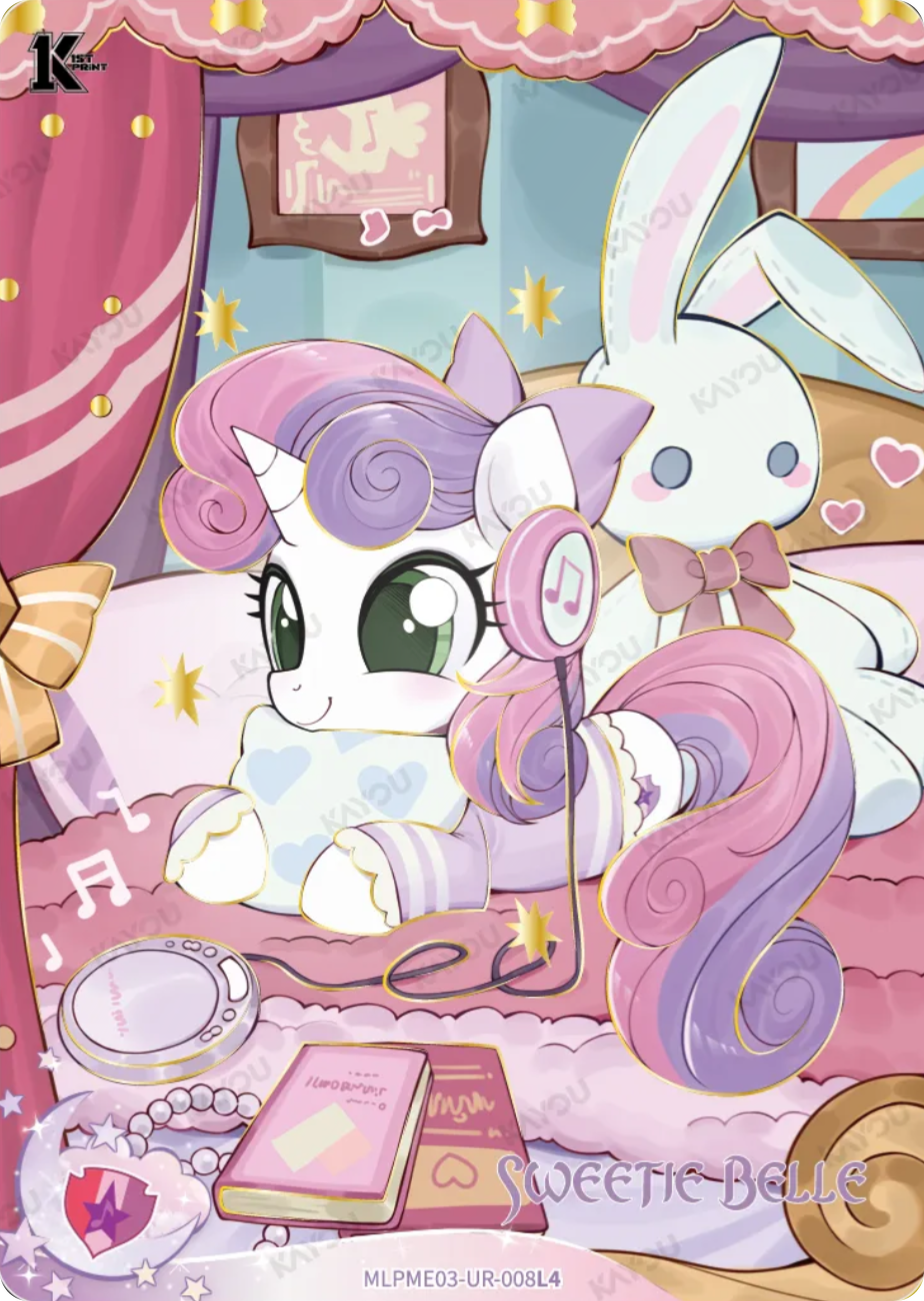 Sweetie Belle UR card MLPME03-UR-008L4, My Little Pony Kayou 1st Print single: Sweetie Belle in pyjamas listening to headphones in bed with a giant plush bunny