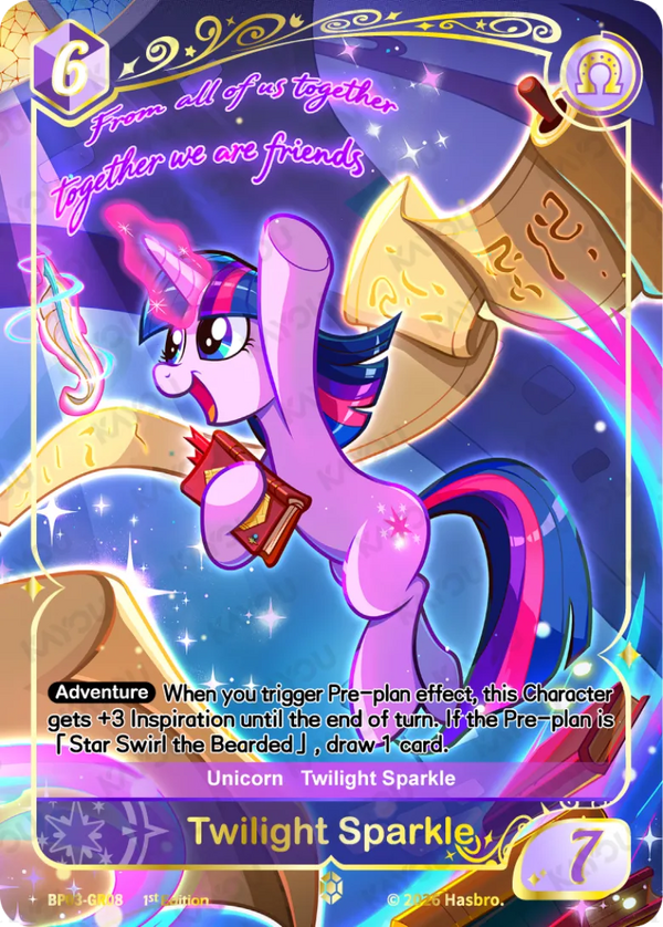 Twilight Sparkle Gold Rare card, My Little Pony TCG Nightmare Night BP03-GR08, casting a spell with a book among floating golden scrolls