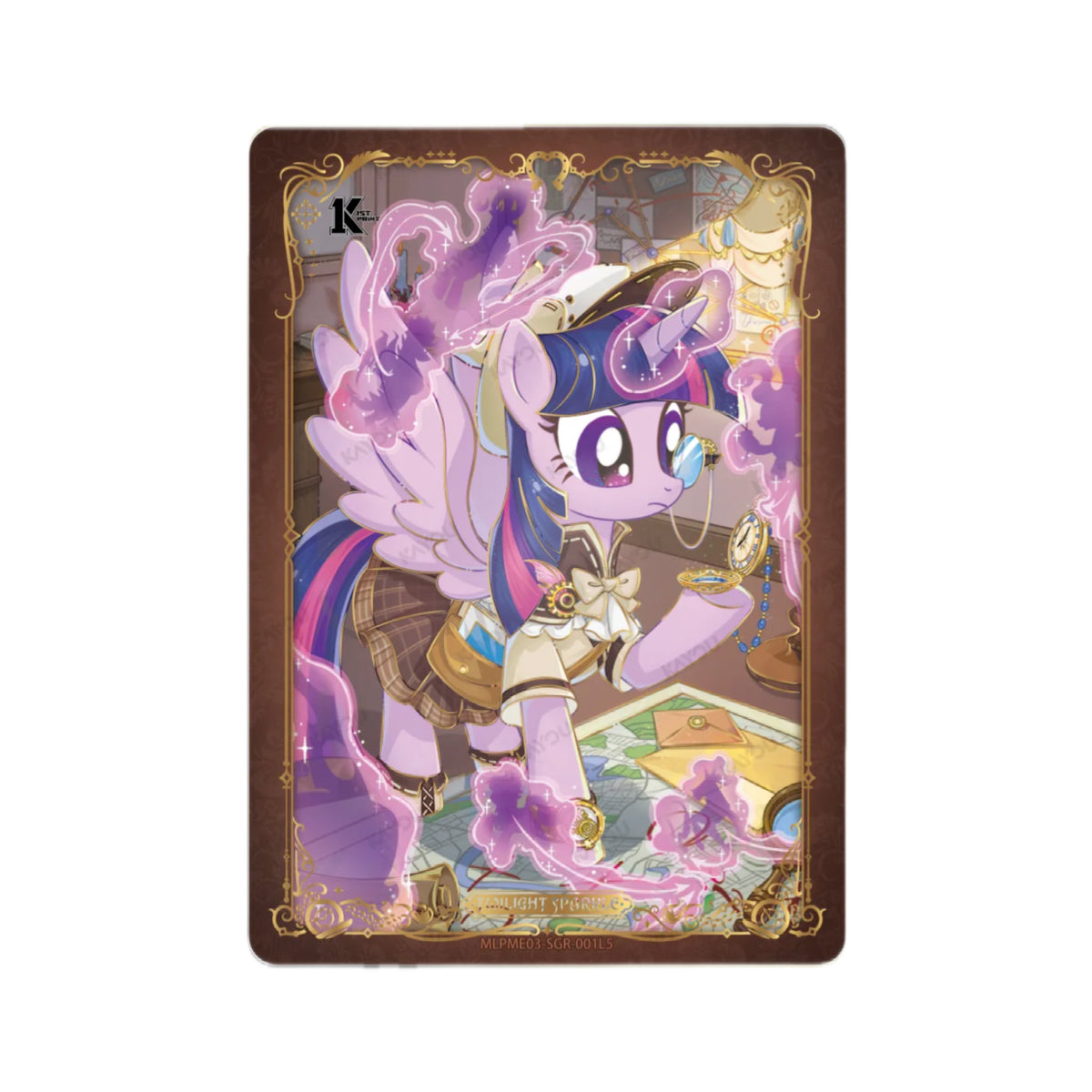 My Little Pony Kayou Twilight Sparkle SGR card MLPME03-SGR-001L5 – detective Twilight with monocle and pocket watch surrounded by purple magic