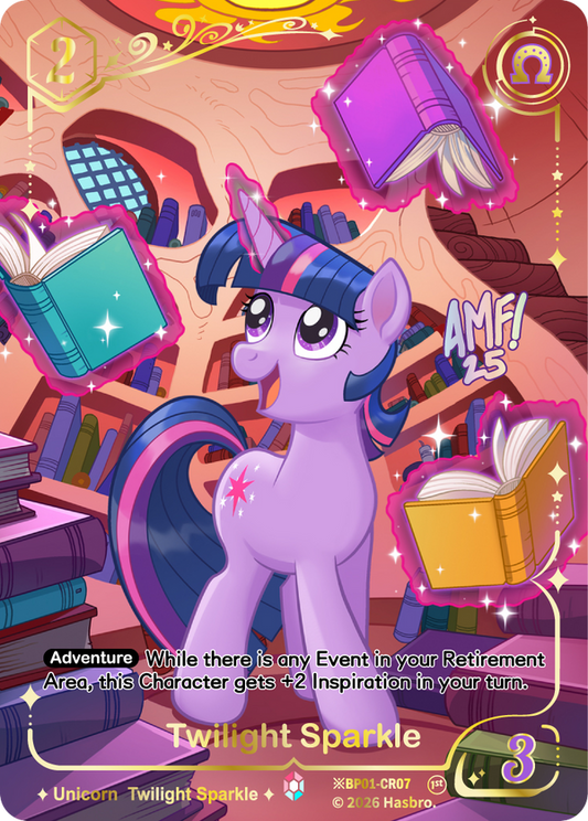 Twilight Sparkle Shining Colorful Rare card, My Little Pony TCG BP01-CR07, full-art among floating books