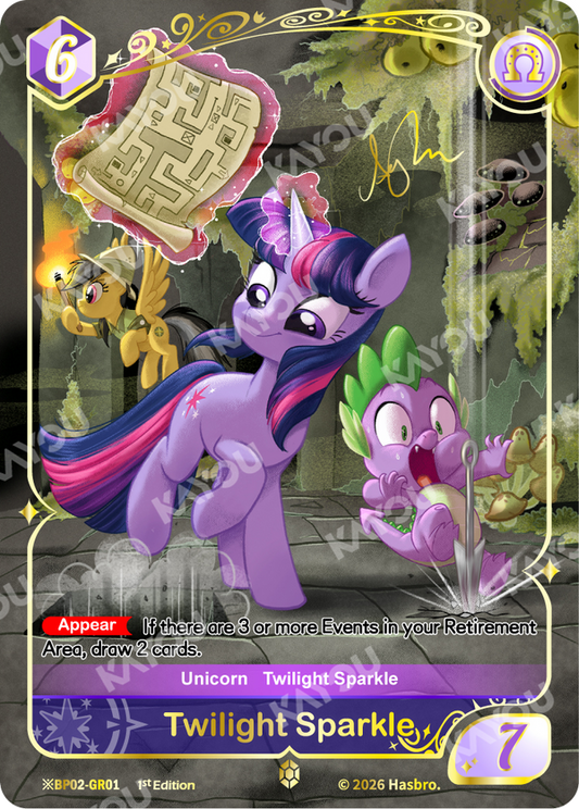 Twilight Sparkle Shining Gold Rare signed card, My Little Pony TCG BP02-GR01, with Spike and Daring Do in a jungle temple